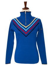 Load image into Gallery viewer, Women's Delaine merino chevron stripe blue ski sweater
