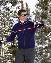 Load image into Gallery viewer, mens full zip blue merino wool ski sweater
