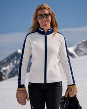 Load image into Gallery viewer, women wearing Delaine merino wool ski sweater on the mountain