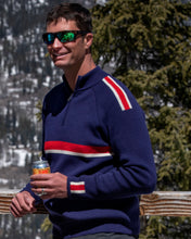 Load image into Gallery viewer, Man wearing blue merino wool ski sweater lifestyle apres ski