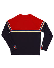 Load image into Gallery viewer, Delaine Men's Vintage Crew Ski Sweater - Downhill Red and Midnight Blue