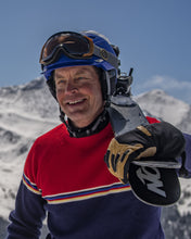 Load image into Gallery viewer, Delaine Men's Crew - Downhill Red on Midnight Blue in classic retro ski sweater styling