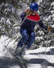 Load image into Gallery viewer, Delaine Men's Crew Wool Ski Sweater- Downhill Red on Midnight Blue