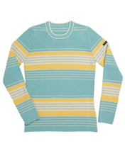 Load image into Gallery viewer, Delaine Vintage Women&#39;s Crew Wool Ski Sweater in Aqua Full Stripe compares to Demetre
