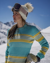Load image into Gallery viewer, Delaine Women's Vintage Crew Ski Sweater  in Aqua Full Stripe