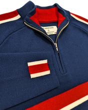 Load image into Gallery viewer, Downhill Racer merino wool ski sweater with quarter-zip collar and striped shoulder and cuff detail
