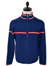 Load image into Gallery viewer, Men's Merino Wool Full Zip Ski Sweater in Midnight Blue
