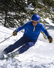 Load image into Gallery viewer, skier carving through powder in Delaine merino wool ski sweater
