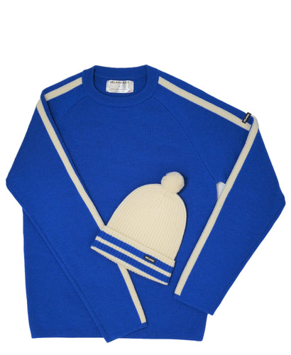 Men's wool blue crew neck ski sweater and beanie