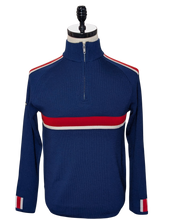 Load image into Gallery viewer, Men's blue quarter-zip merino wool ski sweater with red and white racing stripes

