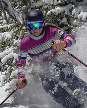 Load image into Gallery viewer, women skiing through trees and powder in Delaine merino wool ski sweater
