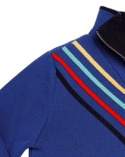 Load image into Gallery viewer, Women’s Blue Ski Sweater – Quarter Zip with Chevron Stripe Design
