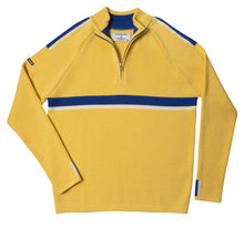 Load image into Gallery viewer, Detail view of shoulder, cuff and chest stripes on yellow downhill racer ski sweater
