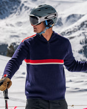 Load image into Gallery viewer, Man wearing Delaine Downhill Racer blue merino wool ski sweater

