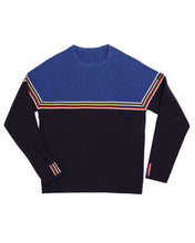 Load image into Gallery viewer, Delaine Men&#39;s Classic Crew Wool Ski Sweater in Ultramarine on Midnight Blue compares to Demetre
