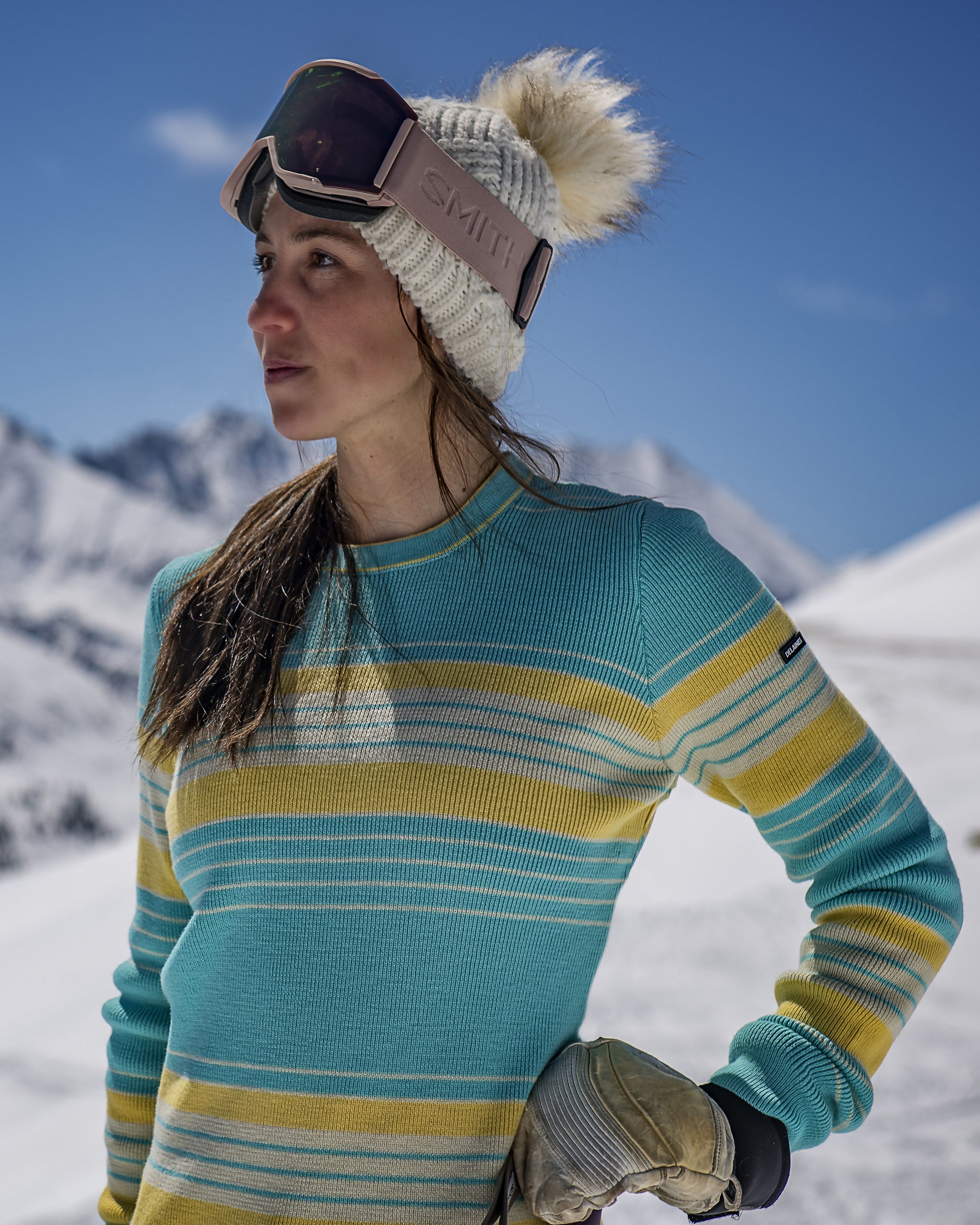 Women's Merino Wool Crew Neck Ski Sweater in Aqua Full Stripe